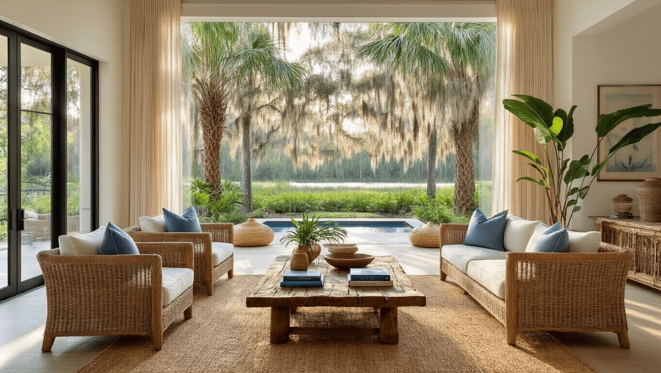 Luxurious Florida coastal living room featuring Sabal palms, Live oaks, and Bald cypress, with modern decor, natural textures, and warm sunlight filtering through windows.
