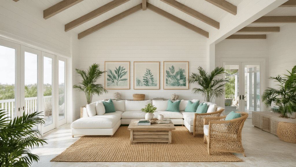 Cinematic wide-angle shot of a Florida coastal living room with vaulted ceilings, natural textures, and golden morning light through sliding glass doors, featuring a white linen sectional, seafoam green pillows, a jute rug, and tropical plants.