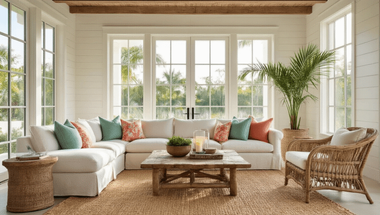 Embracing Florida Decor: Your Ultimate Guide to Sunshine-Inspired Home Styling A cozy Florida coastal living room featuring a cream sectional sofa with tropical print pillows, driftwood coffee table, vintage rattan furniture, and beachy decor, illuminated by warm golden hour sunlight.