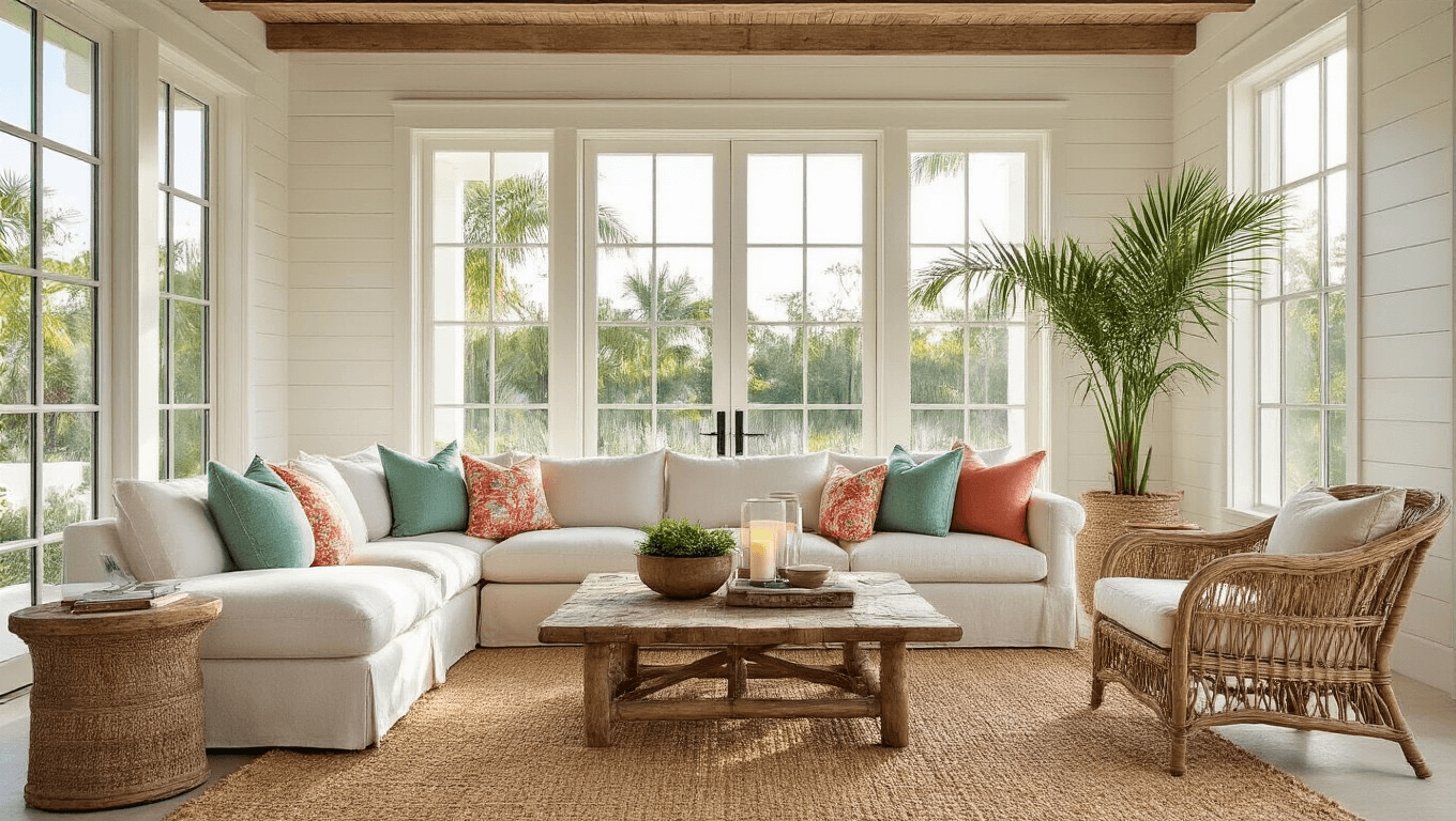 A cozy Florida coastal living room featuring a cream sectional sofa with tropical print pillows, driftwood coffee table, vintage rattan furniture, and beachy decor, illuminated by warm golden hour sunlight.