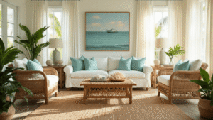 A beautifully designed Florida coastal living room featuring rattan furniture and seafoam accents, illuminated by golden hour sunlight filtering through white linen curtains.