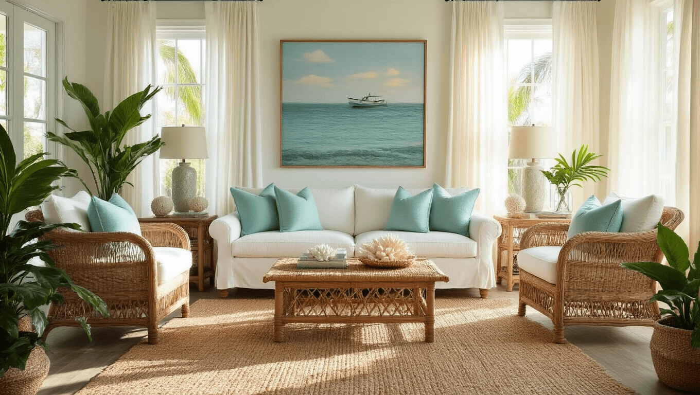 A beautifully designed Florida coastal living room featuring rattan furniture and seafoam accents, illuminated by golden hour sunlight filtering through white linen curtains.