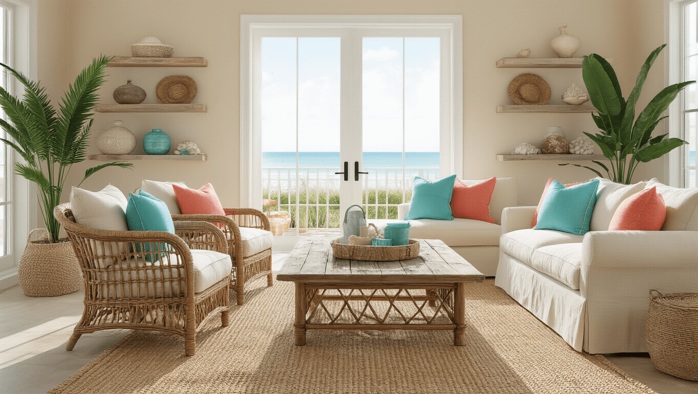Photorealistic Florida coastal living room featuring rattan furniture, weathered wood accents, and a cream sofa with turquoise and coral pillows, bathed in golden sunlight with tropical plants and a natural fiber rug.