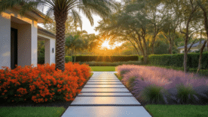 Florida Front Yard Landscaping: Your Ultimate Guide to Stunning, Low-Maintenance Curb Appeal Cinematic shot of a Florida front yard at golden hour, showcasing a Sabal Palm, vibrant Firebush shrubs, and swaying Muhly grass, with modern concrete pavers, decorative gravel, and terracotta pots, all enhanced by warm color grading and subtle LED lighting.