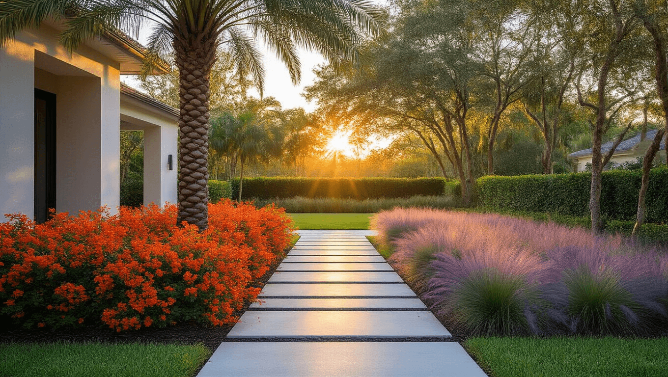 Cinematic shot of a Florida front yard at golden hour, showcasing a Sabal Palm, vibrant Firebush shrubs, and swaying Muhly grass, with modern concrete pavers, decorative gravel, and terracotta pots, all enhanced by warm color grading and subtle LED lighting.