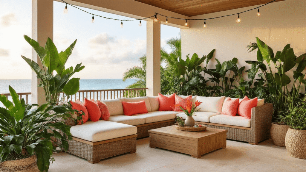 Cinematic wide-angle shot of a transformed Florida lanai featuring a teak sectional with coral pillows, surrounded by tropical plants and string lights, showcasing a coastal bohemian style in warm golden hour lighting.