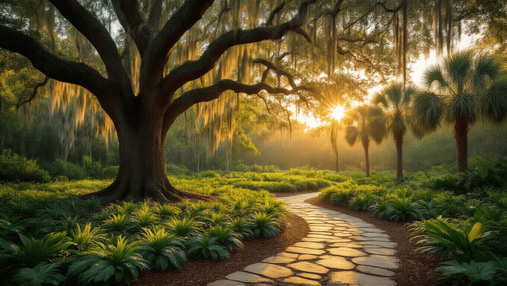 Cinematic wide-angle shot of a Florida native landscape at golden hour, showcasing a Live Oak, Sabal Palms, and Coontie groundcover with a stone pathway, warm sunlight filtering through Spanish moss, creating a serene, sustainable garden atmosphere.