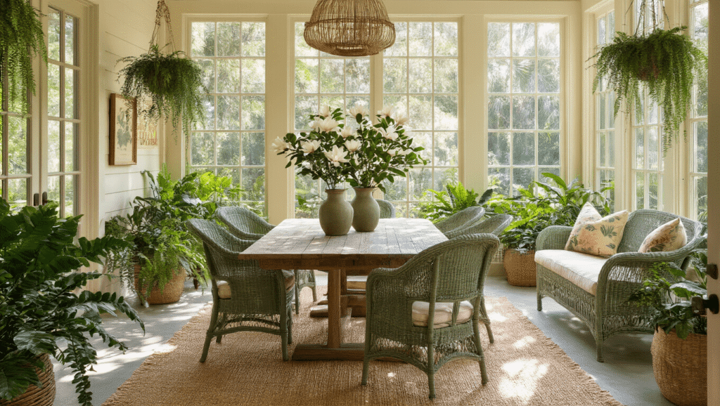 Florida Native Plants: A Gardener's Ultimate Guide to Botanical Treasure A sunlit Florida sunroom sanctuary showcasing a native plant garden through floor-to-ceiling windows, featuring a weathered oak dining table with magnolia branches, sage green wicker furniture, macrame planters, and warm earth tones that celebrate local botanical heritage.
