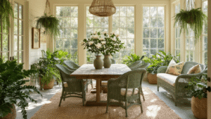 Florida Native Plants: A Gardener's Ultimate Guide to Botanical Treasure A sunlit Florida sunroom sanctuary showcasing a native plant garden through floor-to-ceiling windows, featuring a weathered oak dining table with magnolia branches, sage green wicker furniture, macrame planters, and warm earth tones that celebrate local botanical heritage.