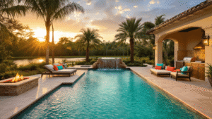 Florida Pool Patio Paradise: Your Ultimate Backyard Transformation Guide Cinematic wide-angle view of a luxurious Florida pool patio at golden hour, featuring a turquoise pool, travertine deck, vibrant furniture, tropical landscaping, and glowing string lights, all captured in hyperrealistic detail.