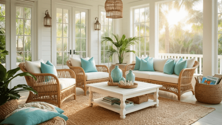 Designing Your Dream Florida Room: A Sunny Sanctuary of Style and Comfort Cinematic wide-angle shot of a serene Florida room with rattan furniture, whitewashed textures, and golden hour lighting, featuring floor-to-ceiling windows, plush cushions, and a jute rug.