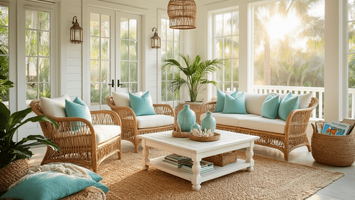 Cinematic wide-angle shot of a serene Florida room with rattan furniture, whitewashed textures, and golden hour lighting, featuring floor-to-ceiling windows, plush cushions, and a jute rug.
