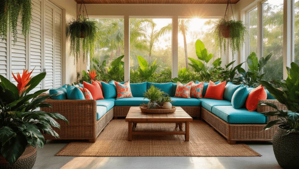 Luxurious Florida screened patio at golden hour, featuring oversized rattan sectional with tropical cushions, bamboo rugs, lush planters, teak coffee table, ambient string lighting, and architectural white screens.