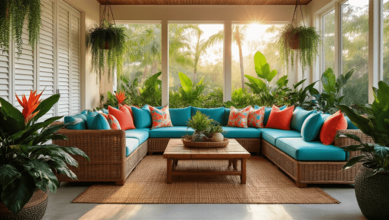 Luxurious Florida screened patio at golden hour, featuring oversized rattan sectional with tropical cushions, bamboo rugs, lush planters, teak coffee table, ambient string lighting, and architectural white screens.