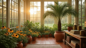 Florida Gardening: Your Ultimate Guide to Thriving Gardens in the Sunshine State A bright Florida sunroom filled with native plants, featuring a sabal palm, terracotta pots, rustic decor, and inviting wicker furniture, all bathed in warm golden hour light.
