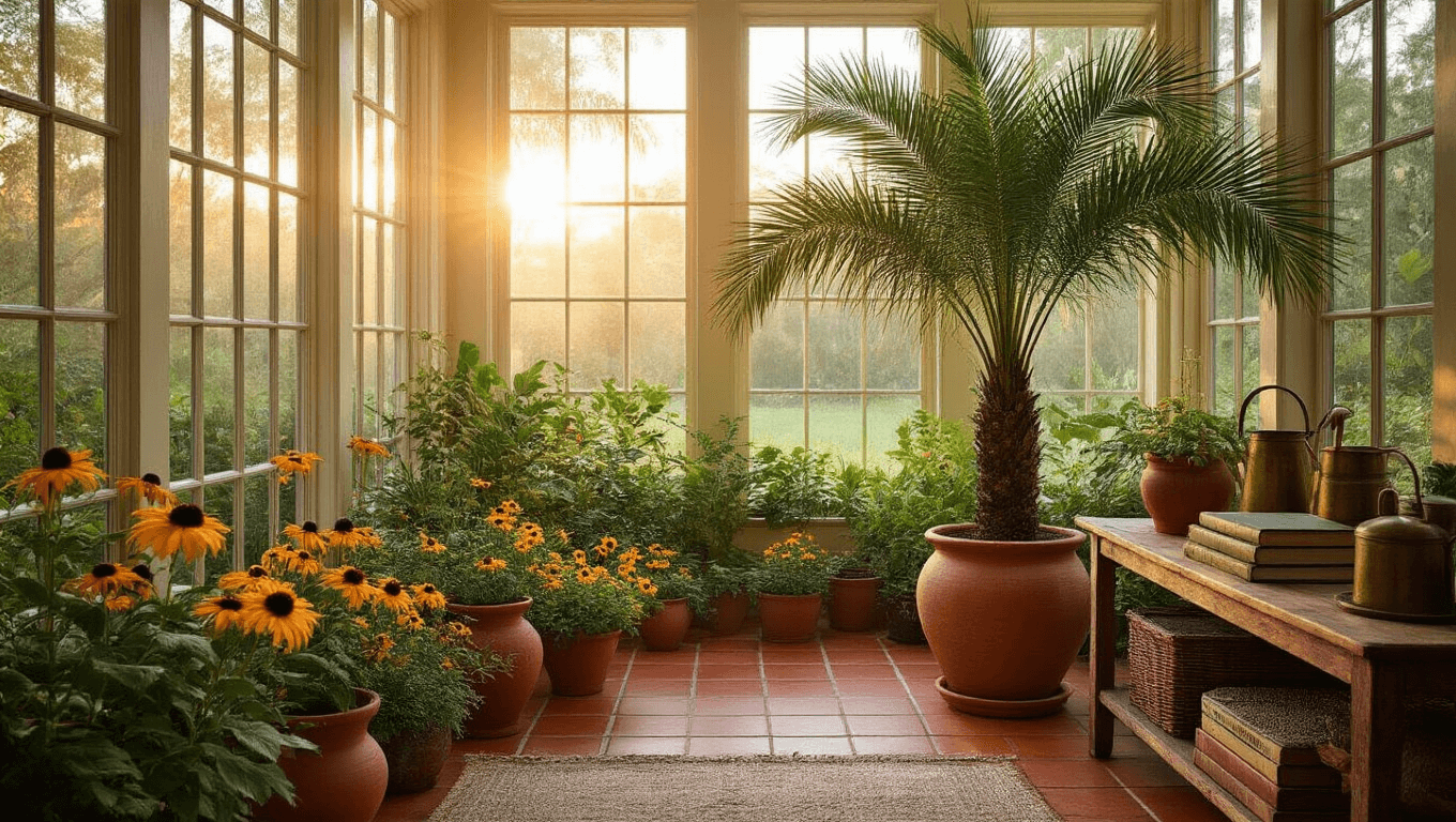 A bright Florida sunroom filled with native plants, featuring a sabal palm, terracotta pots, rustic decor, and inviting wicker furniture, all bathed in warm golden hour light.