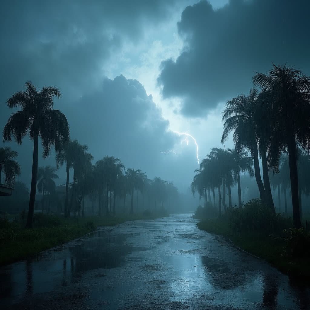Dark storm clouds rolling over a tropical landscape in central Florida during a dramatic afternoon thunderstorm, with lightning illuminating the distance, heavy rainfall on lush greenery and palm trees, steam rising from the hot, wet pavement, puddles reflecting the clearing sky, and a refreshing, misty atmosphere illustrating the cooling temperature and renewed clarity post-storm.