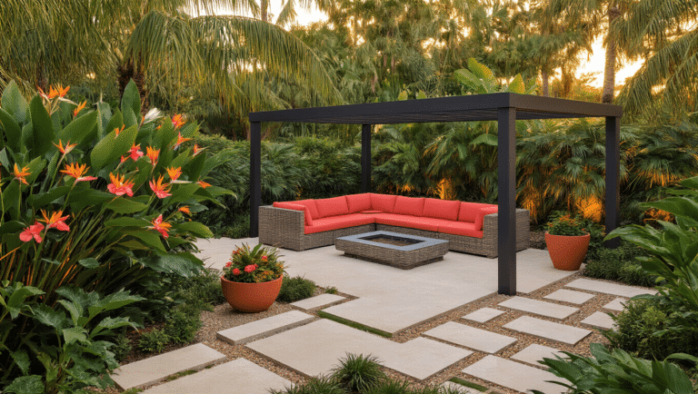 Creating Your Dream Florida Backyard: A Tropical Oasis Guide Aerial view of a Florida tropical backyard oasis during golden hour, featuring a teak sectional with coral cushions under a charcoal pergola, native plants, a tiered fountain, and a polished concrete patio with decorative gravel, all bathed in warm sunset tones.