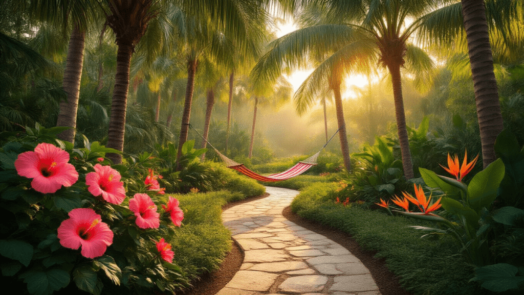 Cinematic wide shot of a tropical Florida garden at golden hour, showcasing hibiscus blooms, coconut palms, and a serene hammock along a sandstone pathway.