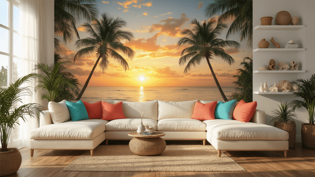 Florida Aesthetic Wallpaper: Transform Your Space with Sunshine State Vibes Cinematic wide-angle shot of a luxurious living room featuring tropical wallpaper with palm trees, cream sectional sofa, hardwood floors, potted areca palms, and coastal decor, illuminated by warm golden hour lighting.