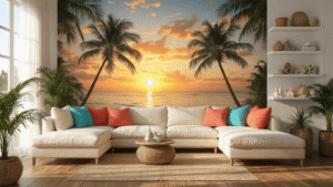 Florida Aesthetic Wallpaper: Transform Your Space with Sunshine State Vibes Cinematic wide-angle shot of a luxurious living room featuring tropical wallpaper with palm trees, cream sectional sofa, hardwood floors, potted areca palms, and coastal decor, illuminated by warm golden hour lighting.
