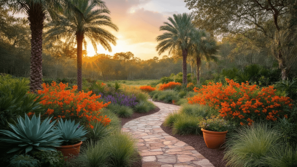 Cinematic view of a Florida tropical landscape featuring native plants like sabal palms, firebush, and beautyberry, with warm sunset lighting, coral stone pathways, and terracotta containers, evoking a resort-like ambiance.