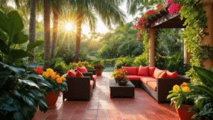 Wide-angle view of a tropical patio in Florida at golden hour, showcasing Areca palms, vibrant hibiscus, bougainvillea, and crotons on a terracotta floor, with a wicker sectional and bubbling fountain, surrounded by warm amber lighting and rich textures.
