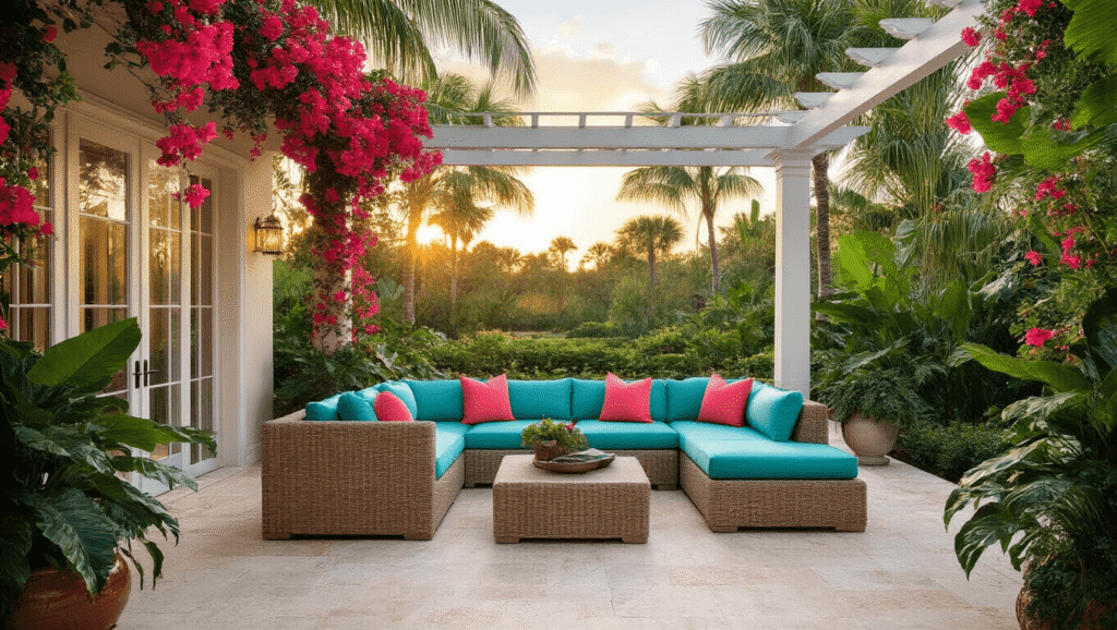Tropical Paradise: Designing the Ultimate Florida Patio Retreat Luxurious Florida patio at golden hour with turquoise cushions and coral pillows, surrounded by tropical palms and hibiscus, featuring a sparkling pool and a pergola draped in bougainvillea.