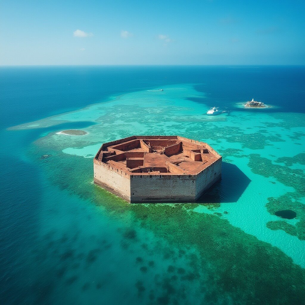 Aerial view of the historic 19th-century Fort Jefferson in Gulf of Mexico, showing its massive hexagonal brick fortress, surrounded by the turquoise waters, pristine coral reefs, tropical islands and emerald lagoons, with clear visibility of its walls, moat system, crystal clear water revealing corals, frigatebirds in sky, representing ultimate isolation from civilization.