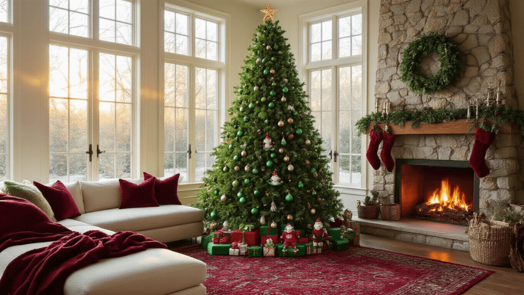 A luxurious living room featuring a Grinch-green Christmas tree adorned with emerald ornaments and crimson ribbons, illuminated by golden hour sunlight streaming through large windows, creating a cozy and whimsical holiday atmosphere.
