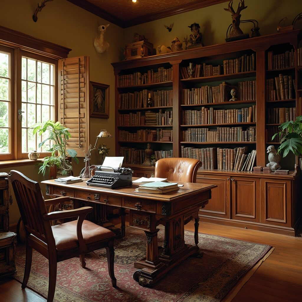 Unlock the Literary Magic: Inside Ernest Hemingway's Legendary Key West Home Ernest Hemingway's 1930s study with vintage typewriters, leather-bound books, period furniture, tropical light through shutters, hardwood floors, maritime artifacts, and hunting trophies