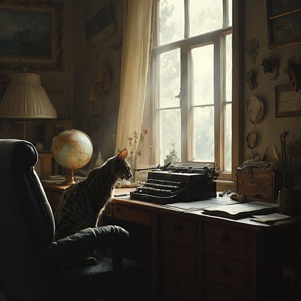 Unlock the Literary Magic: Inside Ernest Hemingway's Legendary Key West Home Vintage 1930s writer's studio with antique typewriter, scattered manuscripts, globe, maritime artifacts, African art, and a six-toed cat, resembling Hemingway's creative environment