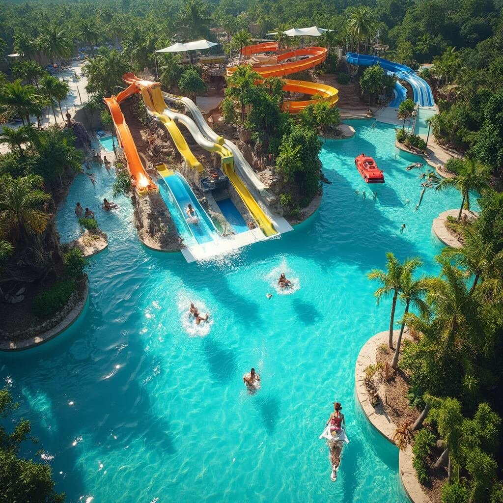 Aerial view of Island H20 Live! water park in Florida with blue water, vibrant slides, lush tropical vegetation, and visitors enjoying various activities, with sun rays reflecting off water surfaces.