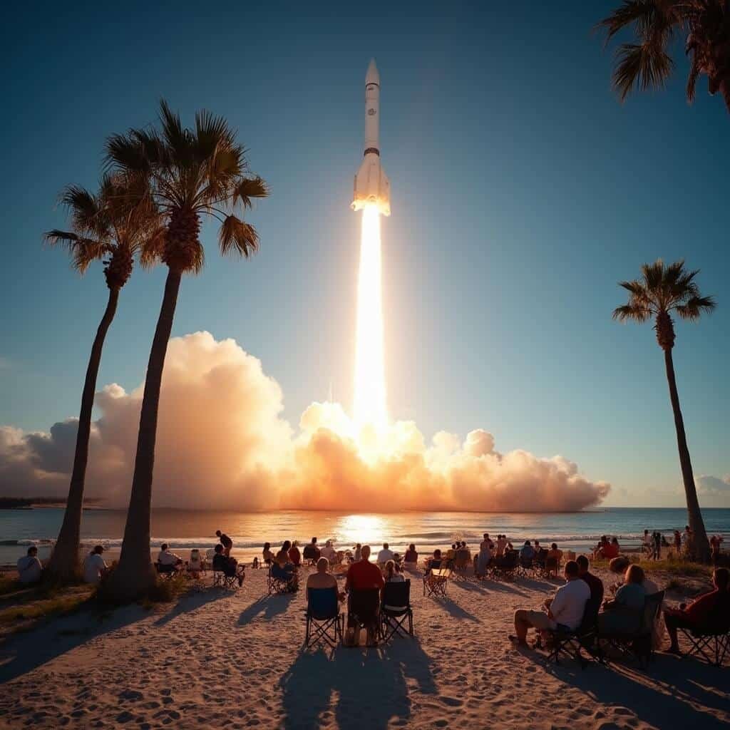 Spectators at Jetty Park beach watching a rocket launch from Cape Canaveral, with brilliant orange exhaust plume against clear blue sky, palm trees framing the scene and sunlight reflecting off the ocean.