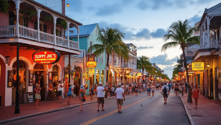"Vibrant scene of Duval Street in Key West showcasing colorful historic buildings, street performers, tourists, and the lively Caribbean energy."