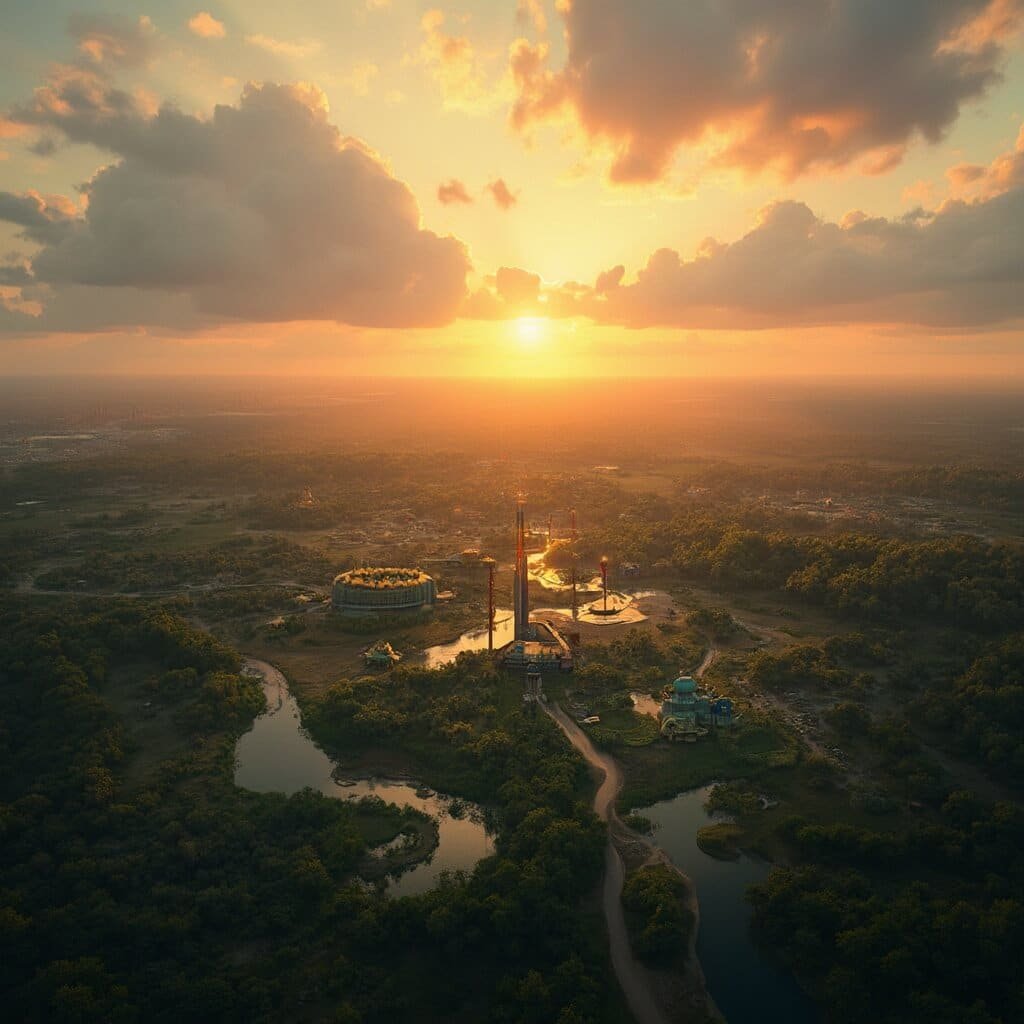 Aerial view of Kissimmee, Florida showing theme parks and natural scenery at golden sunset