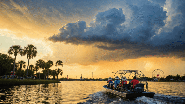 Why Kissimmee in August Will Melt Your Travel Expectations (Literally and Figuratively) "Tourists in lightweight summer attire boarding an airboat at Lake Tohopekaliga in Kissimmee under August heat, with stormy clouds, swaying palm trees and distant theme park attractions in the background."