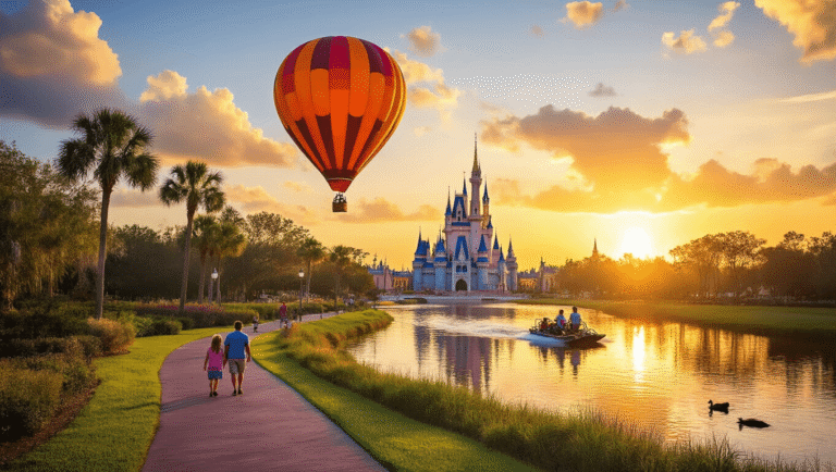 Why Kissimmee in September Will Blow Your Mind: The Ultimate Insider's Guide "Hot air balloon over lush Florida landscape with Disney castle silhouettes, palm trees, clear skies post rain, less crowded theme park pathways with Halloween decor, and airboat in Everglades at sunset in late-summer lighting"