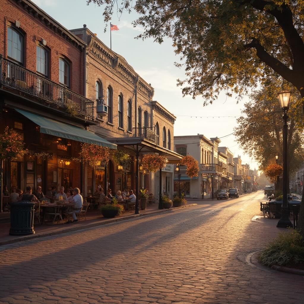 Historic downtown Kissimmee during a golden hour in November, showcasing charming brick buildings, restaurant patios with ambient lighting, people dining al fresco, tree-lined sidewalks with early holiday decorations, and vibrant community shops and cafes.