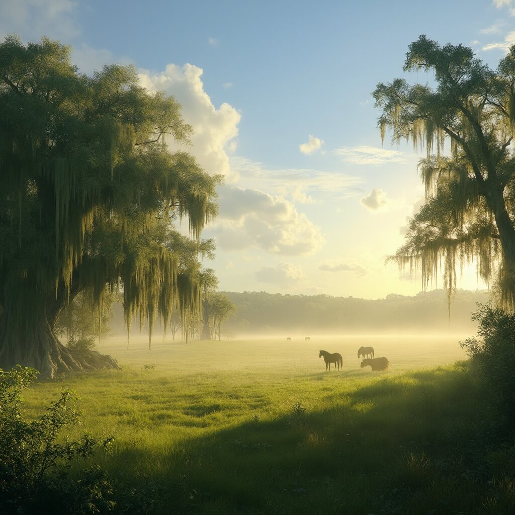 Golden hour landscape of Kissimmee countryside with green pastures, moss-draped oak trees, grazing horses, morning mist, and blue sky with wispy clouds
