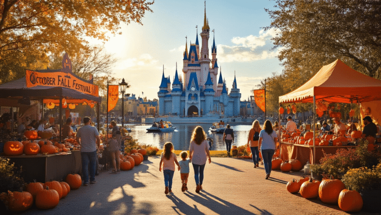 Why Kissimmee in October is Your Ultimate Fall Escape (Without the Crowds!) "Family enjoying an outdoor Halloween festival in sunny Kissimmee, Florida with Disney castle in the background, pumpkin decorations, autumn booths, airboats on a lake, under clear blue skies and 'October Fall Festival' banners"