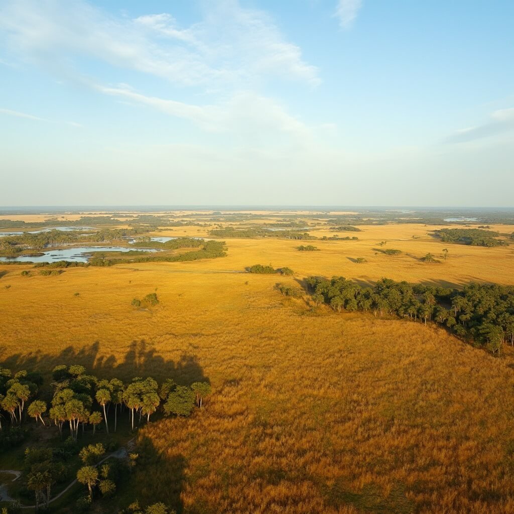 Aerial view of golden grasslands of Kissimmee Prairie Preserve State Park with scattered palm trees and wetlands in autumn light