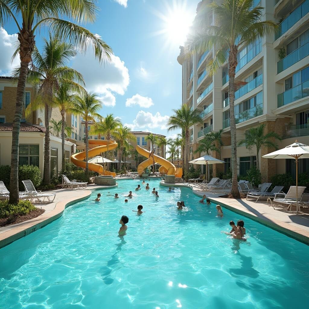Resort pool area in Kissimmee Florida with families, palm trees, waterslide, vacation homes in the background, and rental cars under sunny September sky