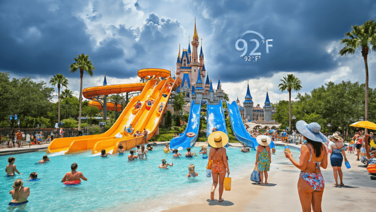 🌞 Kissimmee in July: Your Ultimate Survival Guide to Florida's Hottest Playground "Tourists enjoying water slides at a Kissimmee water park on a hot summer day with dark thunderclouds in the background, palm trees, families applying sunscreen, and Disney castle visible in the distance"