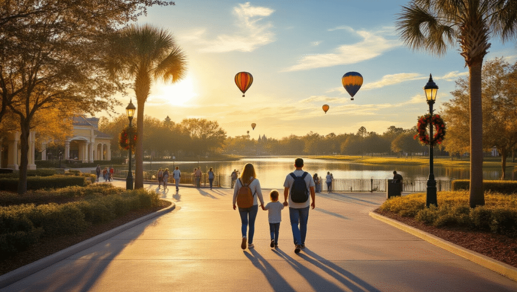 "A family enjoying a peaceful walk in a nearly empty theme park entrance in Kissimmee, Florida on a serene November morning, under clear blue skies and warm sunlight, with hot air balloons over green countryside in the distance, early holiday decorations on lamp posts, and lakes gleaming in the background."