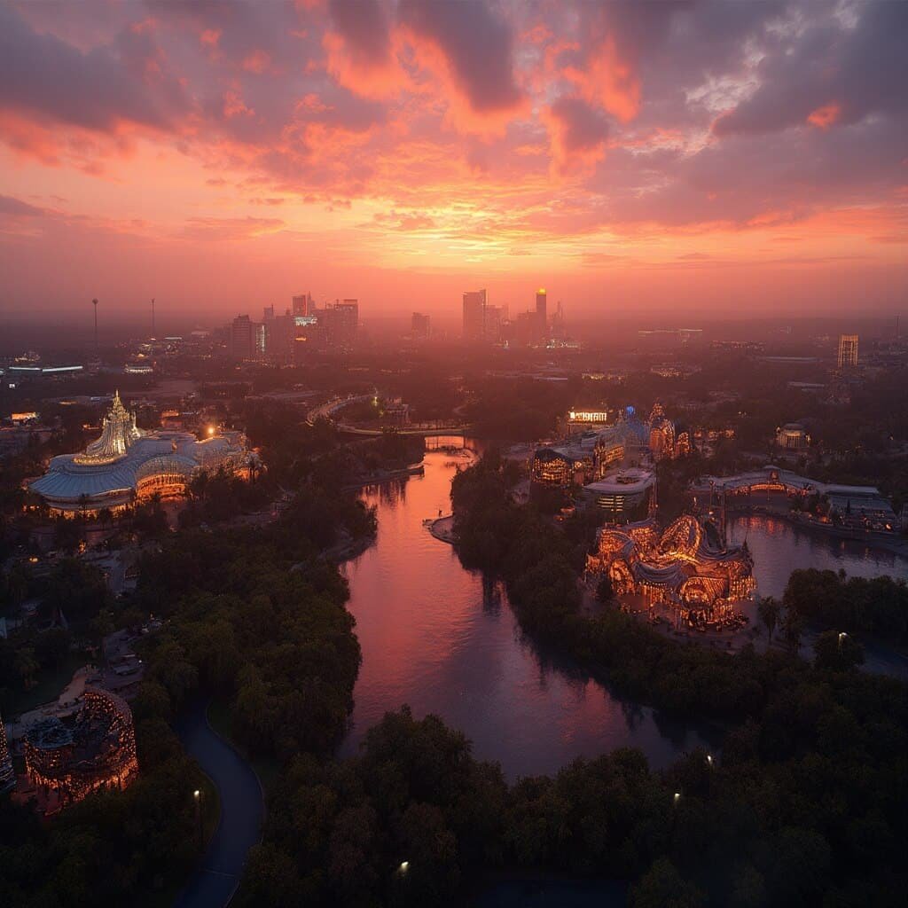 Aerial sunset view of Kissimmee theme park area including Walt Disney World and Universal Orlando with warm lighting and palm tree silhouettes