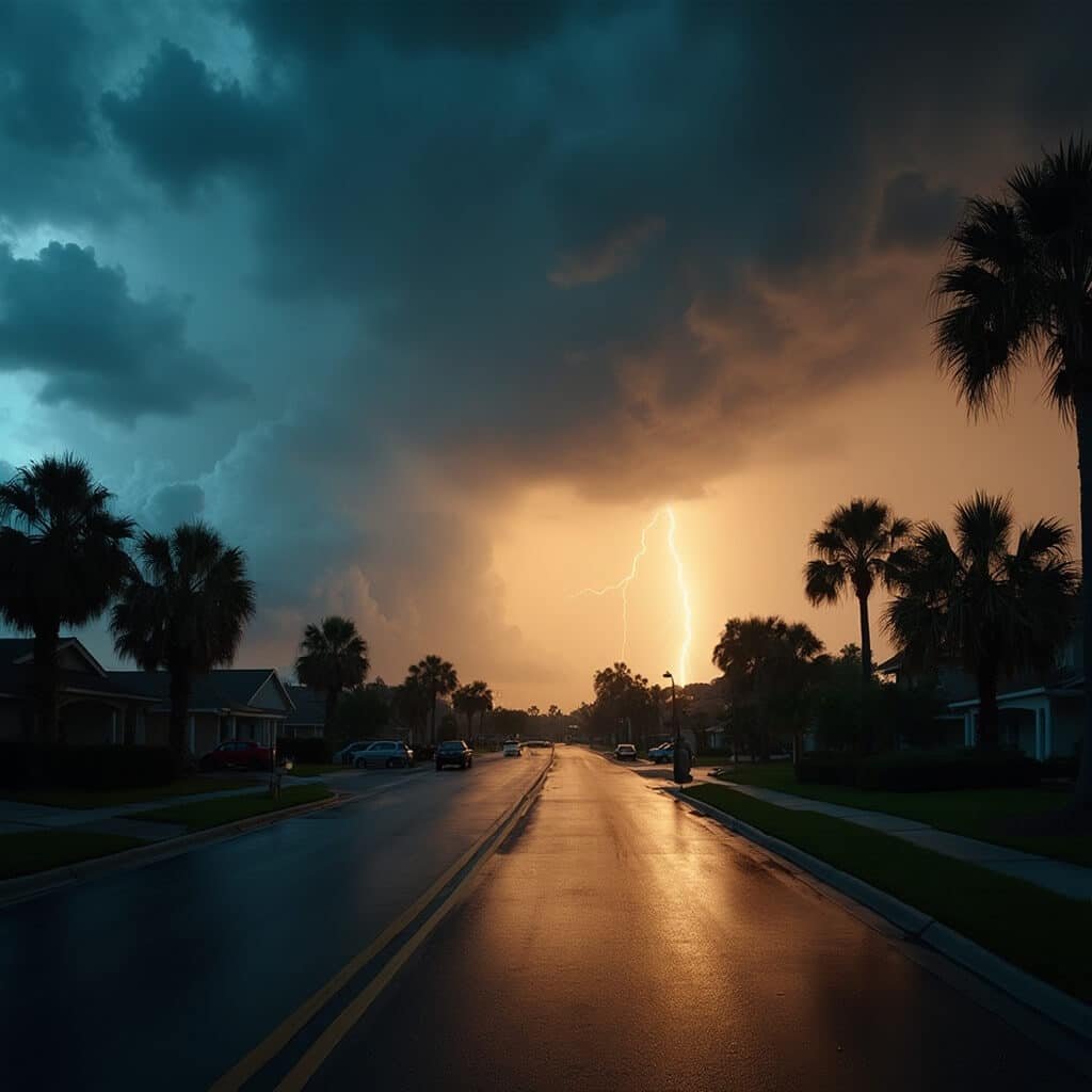 Dramatic thunderstorm over Kissimmee landscape with dark clouds, intense distant lightning, reflective wet streets, palm tree silhouettes, humid atmosphere, and golden sunlight breaking through clouds
