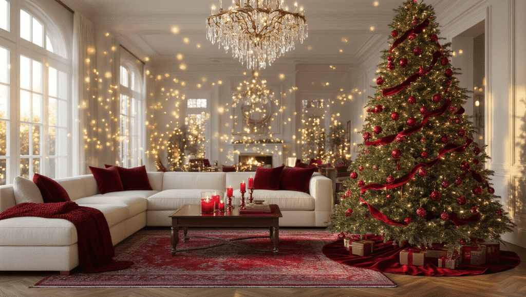Festive Red Christmas Decor: Transform Your Home with Timeless Holiday Elegance Cinematic wide-angle view of a luxurious living room adorned for Christmas, featuring a Noble Fir tree with ruby red ornaments, a cream sectional sofa, a mahogany coffee table with glowing candles, and cozy accents, all bathed in warm golden hour light.