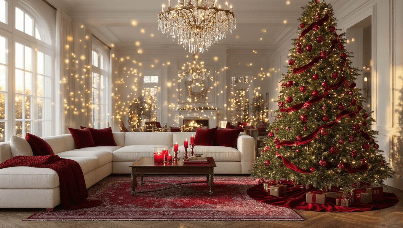 Cinematic wide-angle view of a luxurious living room adorned for Christmas, featuring a Noble Fir tree with ruby red ornaments, a cream sectional sofa, a mahogany coffee table with glowing candles, and cozy accents, all bathed in warm golden hour light.