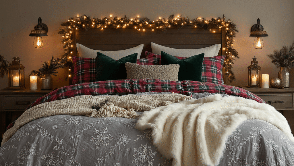 Luxurious Christmas bedroom with plaid flannel sheets, velvet emerald pillows, faux fur blanket, and warm fairy lights, featuring weathered nightstands, LED candles, evergreen sprigs, and a cozy ambiance.
